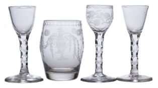 Two late 18th century English wine glasses,