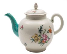 A Derby teapot and cover: the domed cover with pointed finial, the spout painted in bright green,