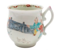 A First Period Worcester coffee cup: of bell shape with wishbone handle,