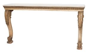 A carved wood and decorated console table: surmounted by a rectangular panel of white marble,