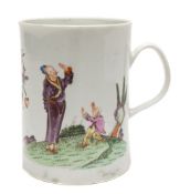 A First Period Worcester tankard: of waisted form with grooved strap handle,