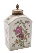 A Lowestoft tea canister and silver cover: painted in Curtis style with floral sprays and sprigs,