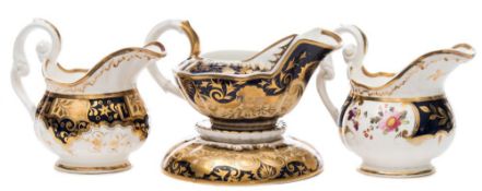 A Samuel Alcock cream jug and stand and two similar cream jugs: all with melting snow borders,