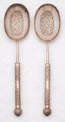 A pair of Victorian silver serving spoons, maker Richard Martin & Ebenezer Hall, Sheffield,
