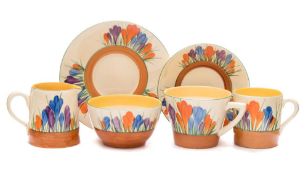 Six pieces of Clarice Cliff Bizarre Autumn Crocus pattern pottery: comprising a cup and saucer,