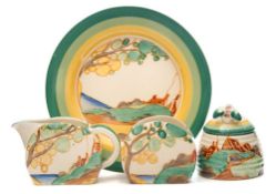 Four pieces of Clarice Cliff Bizarre Secrets pattern pottery: comprising a small plate,