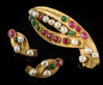 An emerald, ruby and baroque pearl mounted brooch with matching earrings: of stylized scarf design,