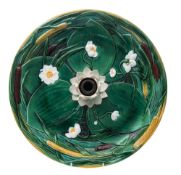 A Minton majolica 'lotus and bullrush' centrepiece: modelled with central blue tinted white bloom,