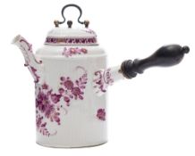A Meissen chocolate pot and cover: with turned wood handle, scroll spout and ribbed relief moulding,
