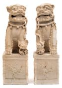 A pair of Chinese porcelain Lion Dogs: each seated with one paw resting on a pierced brocade ball,
