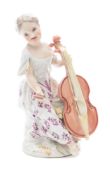 A Meissen porcelain figure of a lady musician: seated playing a cello,