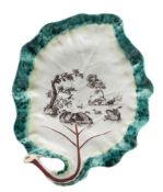 A First Period Worcester leaf dish: with stalk handle and puce veining,