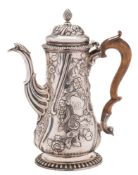 A George II silver coffee pot, maker's mark worn, London, 1757: initialled,