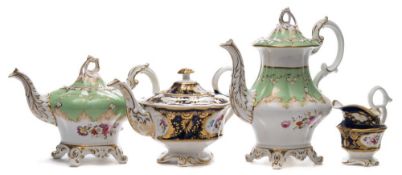 A group of three Samuel Alcock teapots and a milk jug: two in pattern 7652 and of compressed fluted