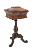 A Victorian rosewood sarcophagus shaped pedestal work table:,
