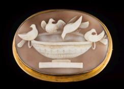 A large oval shell cameo brooch depicting the 'Doves of Pliny':, 68mm total length,