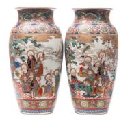 A pair of large Japanese Kutani porcelain vases: of slender ovoid form,