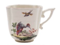An early Derby coffee cup: of square section with lobed corners and wishbone handle,