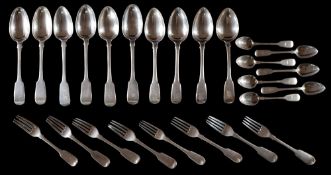 A matched set of silver fiddle pattern flatware, various makers and dates: crested,