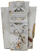 Monumental Historical carved Keystone: with rectangular foliate decorated plaque entitled