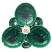 A Minton majolica 'triple lotus' sectional dish: modelled with central white and yellow bloom and