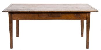 A 19th Century oak and elm farmhouse kitchen table:, with a rectangular overhanging top,