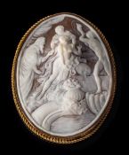 A large oval shell cameo brooch: depicting a classical scene, within a rope-twist frame,