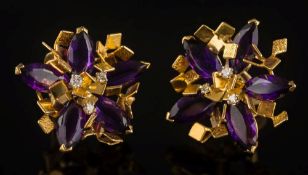 A pair of amethyst and diamond floral cluster ear-clips: of abstract design,