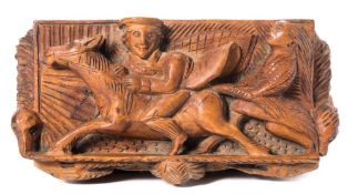 A carved treen 'Tam-o-Shanter' blind man's snuff box: of rectangular outline,