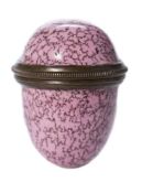 A Bilston enamel pill box: in the form of a speckled pink egg, late 18th century, 3 cm.