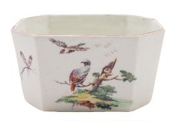 A Derby butter tub: of octagonal form, painted with fancy birds in rustic landscapes,