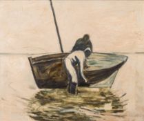 * Jack Pender [1918-1998]- Fishermen attending a small boat at low tide,