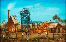 * Frank Harding [1935-1990, Australian]- Miners:- signed and inscribed oil on board, 19cm x 29.5cm.