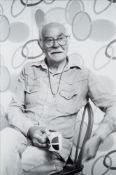 Sir Terry Frost with His Wallpaper Design, 1986,:- black and white photograph,