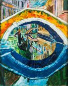 * John Randall Bratby [1928-1992]- Venice; gondola beneath a Venetian bridge,