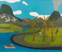 L Fonseca [20th Century]- A river landscape, palm trees, birds and butterflies in the foreground,