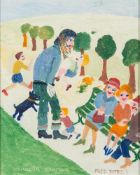 * Fred Yates [1922-2008]- Monsieur Bonjour, Fred Yates and figures in a park,