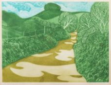 * John Brunsden [1933-2014]- A Country Lane in Wiltshire; Avebury:- two, coloured etchings,