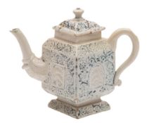 A Staffordshire scratch-blue saltglaze teapot and cover: of diamond shape,