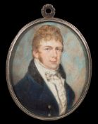 English School Circa 1800- A miniature portrait of a young man, head and shoulders,