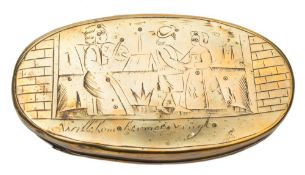 A Dutch brass oval tobacco box: engraved to each side with an embracing couple and inscriptions
