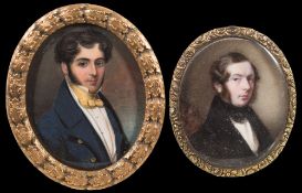 English School Circa 1840- A miniature portrait of a young man, bust-length, with dark wavy,