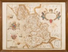 SAXON, Christopher - Lancastriae : [ Lancashire ] hand coloured map with 'early' hand colouring,