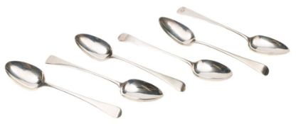A matched set of six George III silver old English pattern table spoons, London 1798 and 1801/2,