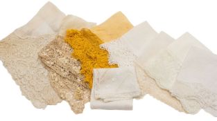 A group of nine 19th Century and later silk and lace embroidered handkerchiefs:.