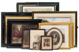 A mixed collection of decorative pictures and prints including a miniature of a man holding a