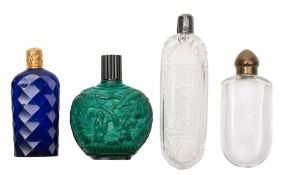A late 18th Century English faceted blue glass scent bottle with gold screw cover: together with