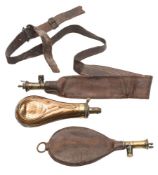 A group of three 19th Century shot and powder flasks: including a brass and copper shot flask,