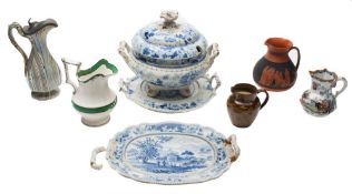 A collection of 19th century pottery: including a 'marbled' ewer with pewter mounts,