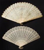 A mid 19th Century Canton ivory brise fan: finely carved and pierced with figures, dragons,